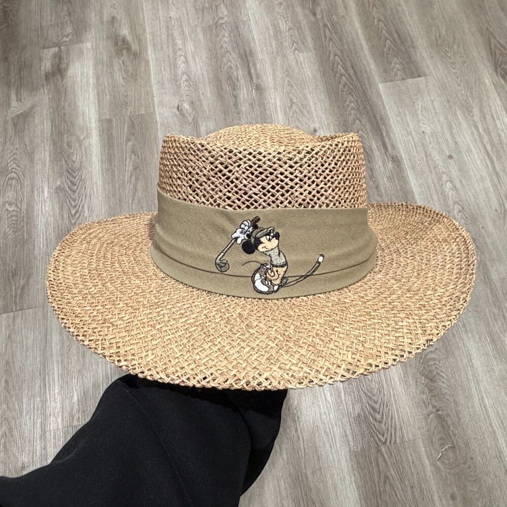 RARE 90s 00s Mickey Mouse Disney Golf Collection Straw Hat Vacation Beach Tan